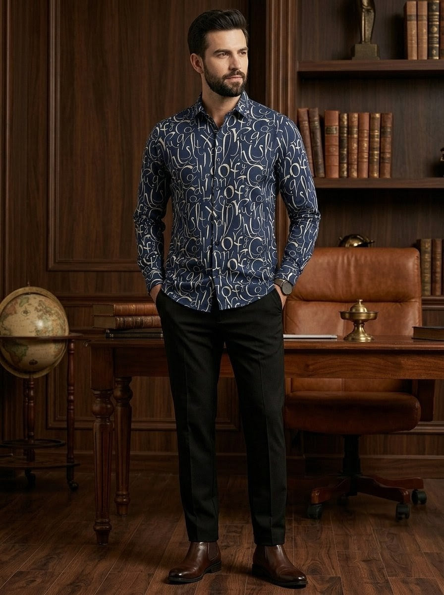 RARE RASU Men’s Premium Abstract Letter Printed Full Sleeve Shirt | Modern Casual & Smart Wear