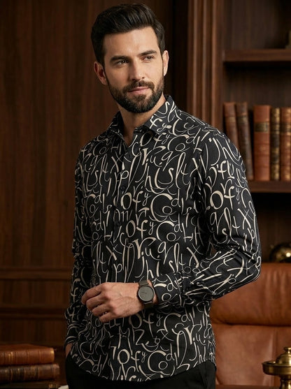 RARE RASU Men’s Premium Abstract Letter Printed Full Sleeve Shirt | Modern Casual & Smart Wear