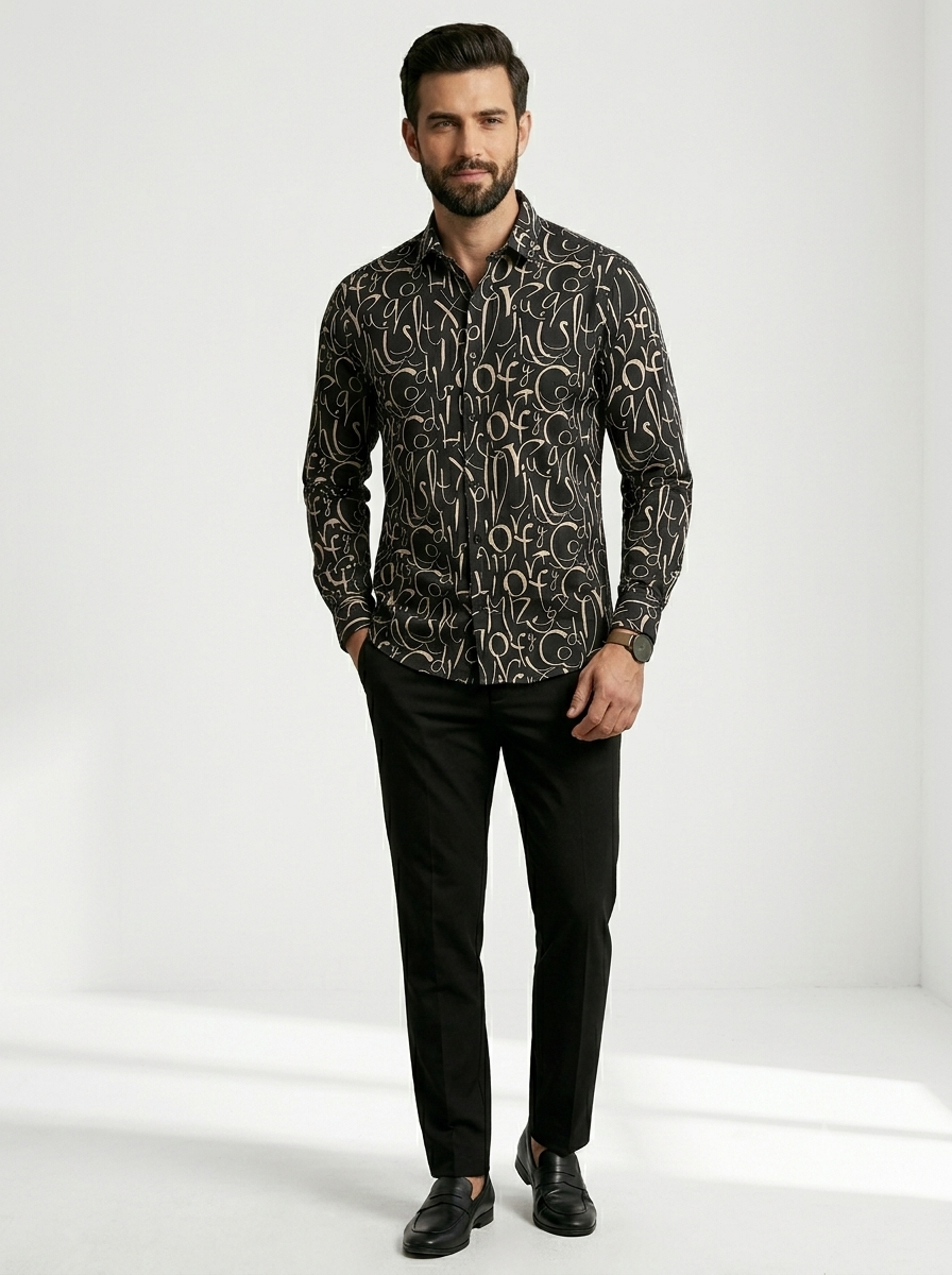 RARE RASU Men’s Premium Abstract Letter Printed Full Sleeve Shirt | Modern Casual & Smart Wear