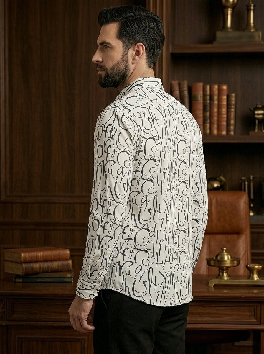 RARE RASU Men’s Premium Abstract Letter Printed Full Sleeve Shirt | Modern Casual & Smart Wear