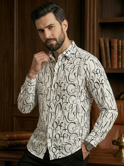 RARE RASU Men’s Premium Abstract Letter Printed Full Sleeve Shirt | Modern Casual & Smart Wear