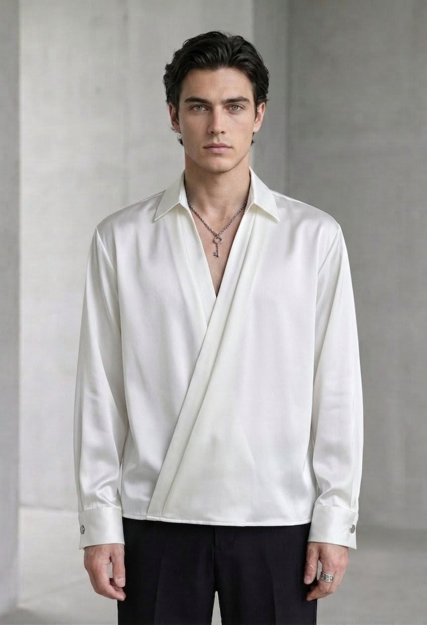 RARE RASU Men's Premium Satin Wrap-Front Shirt – White | Luxury Long Sleeve Statement Shirt