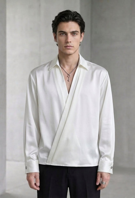 RARE RASU Men's Premium Satin Wrap-Front Shirt – White | Luxury Long Sleeve Statement Shirt