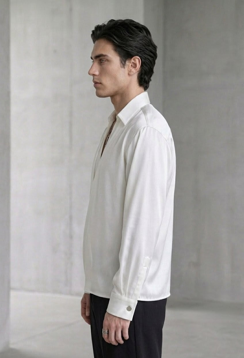 RARE RASU Men's Premium Satin Wrap-Front Shirt – White | Luxury Long Sleeve Statement Shirt