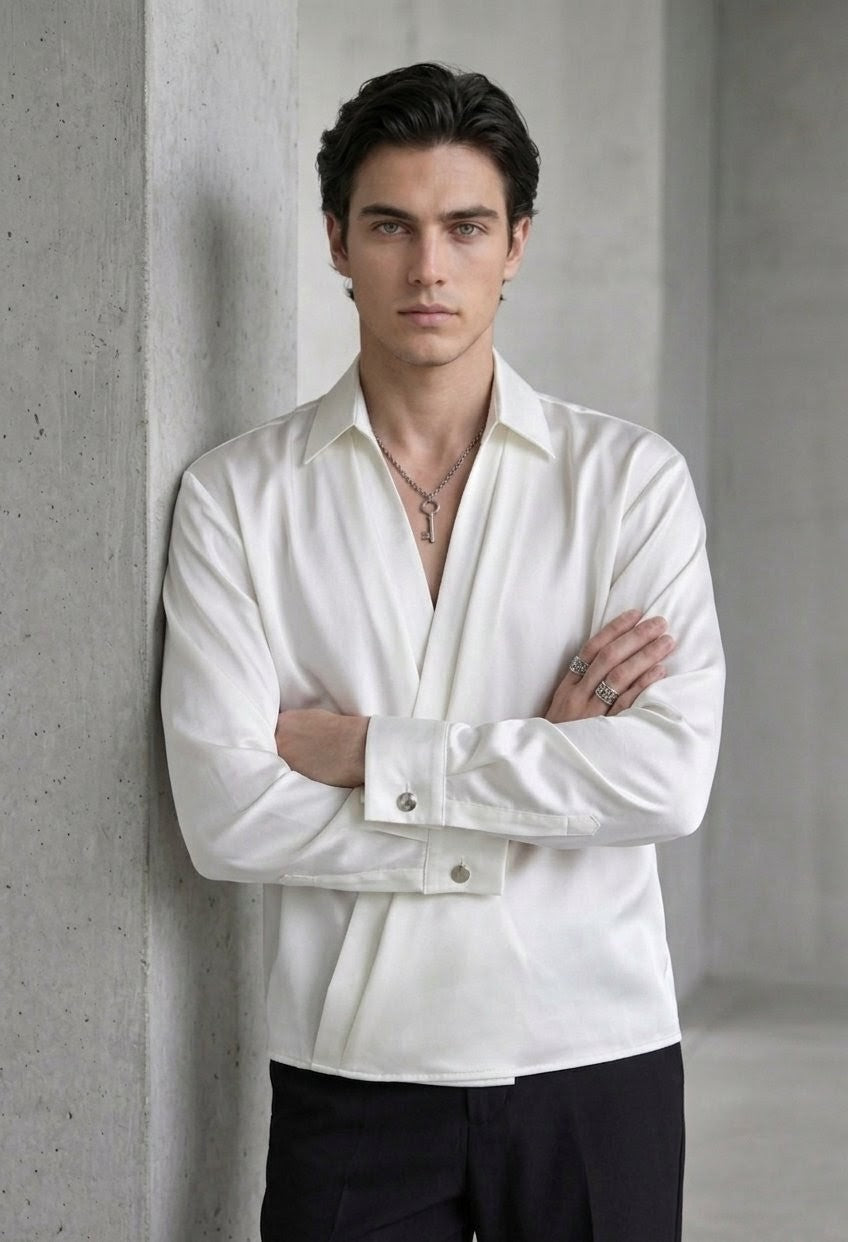 RARE RASU Men's Premium Satin Wrap-Front Shirt – White | Luxury Long Sleeve Statement Shirt