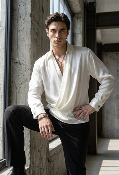 RARE RASU Men's Premium Satin Wrap-Front Shirt – White | Luxury Long Sleeve Statement Shirt