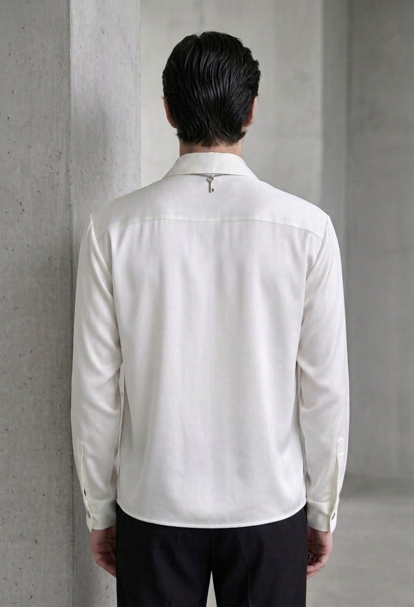RARE RASU Men's Premium Satin Wrap-Front Shirt – White | Luxury Long Sleeve Statement Shirt