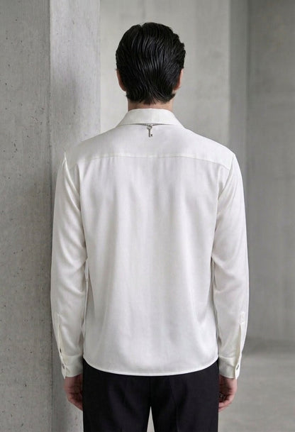 RARE RASU Men's Premium Satin Wrap-Front Shirt – White | Luxury Long Sleeve Statement Shirt
