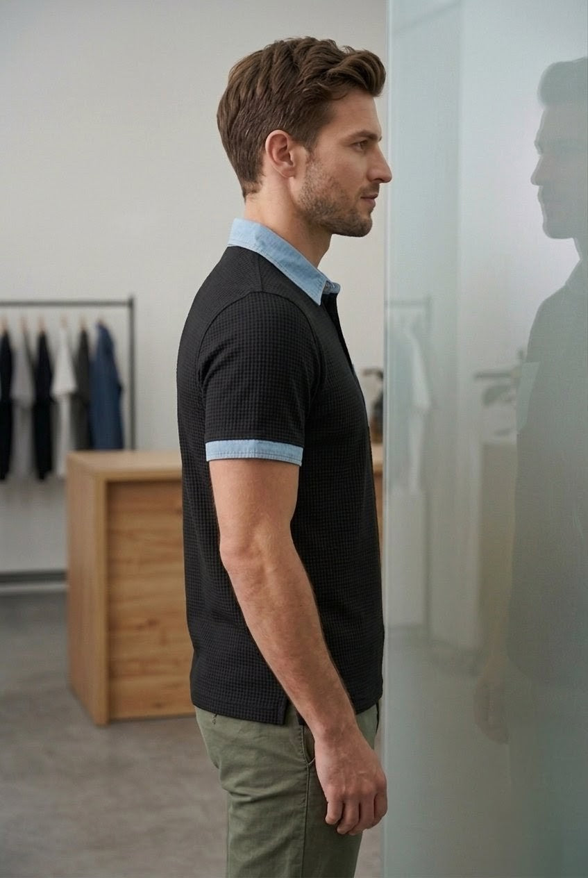 RARE RASU Premium Contrast Denim Trim Waffle Knit Collar T-Shirt