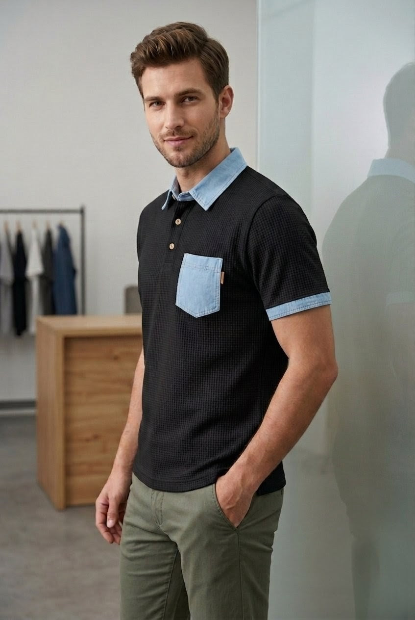 RARE RASU Premium Contrast Denim Trim Waffle Knit Collar T-Shirt