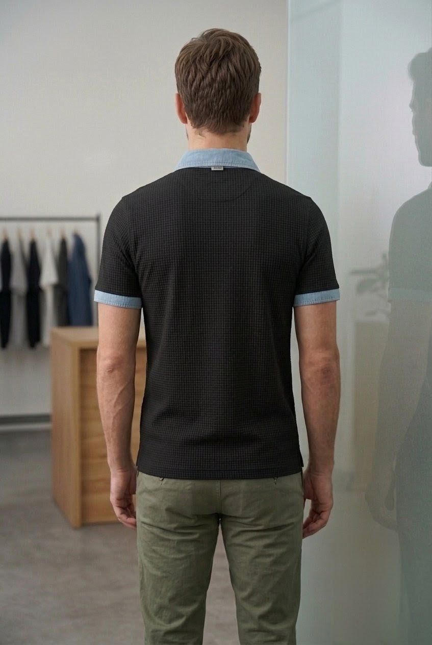 RARE RASU Premium Contrast Denim Trim Waffle Knit Collar T-Shirt