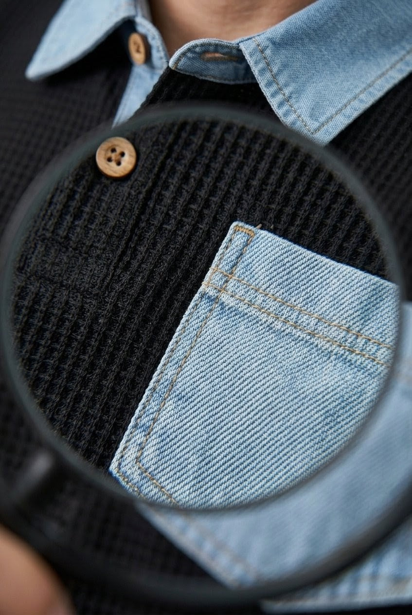 RARE RASU Premium Contrast Denim Trim Waffle Knit Collar T-Shirt