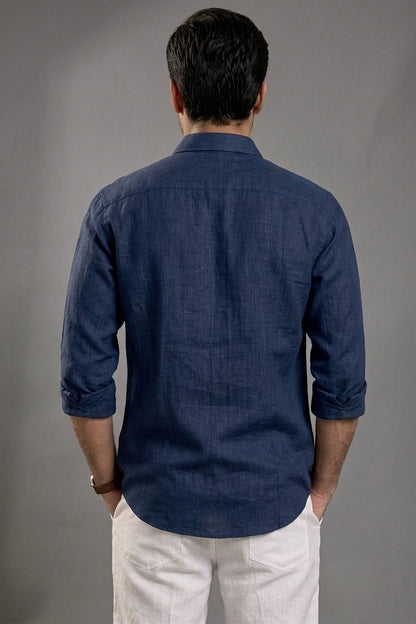 RARE RASU Premium Luxe Linen Shirt With Two Front Utility-Style Pockets (Navy Blue)