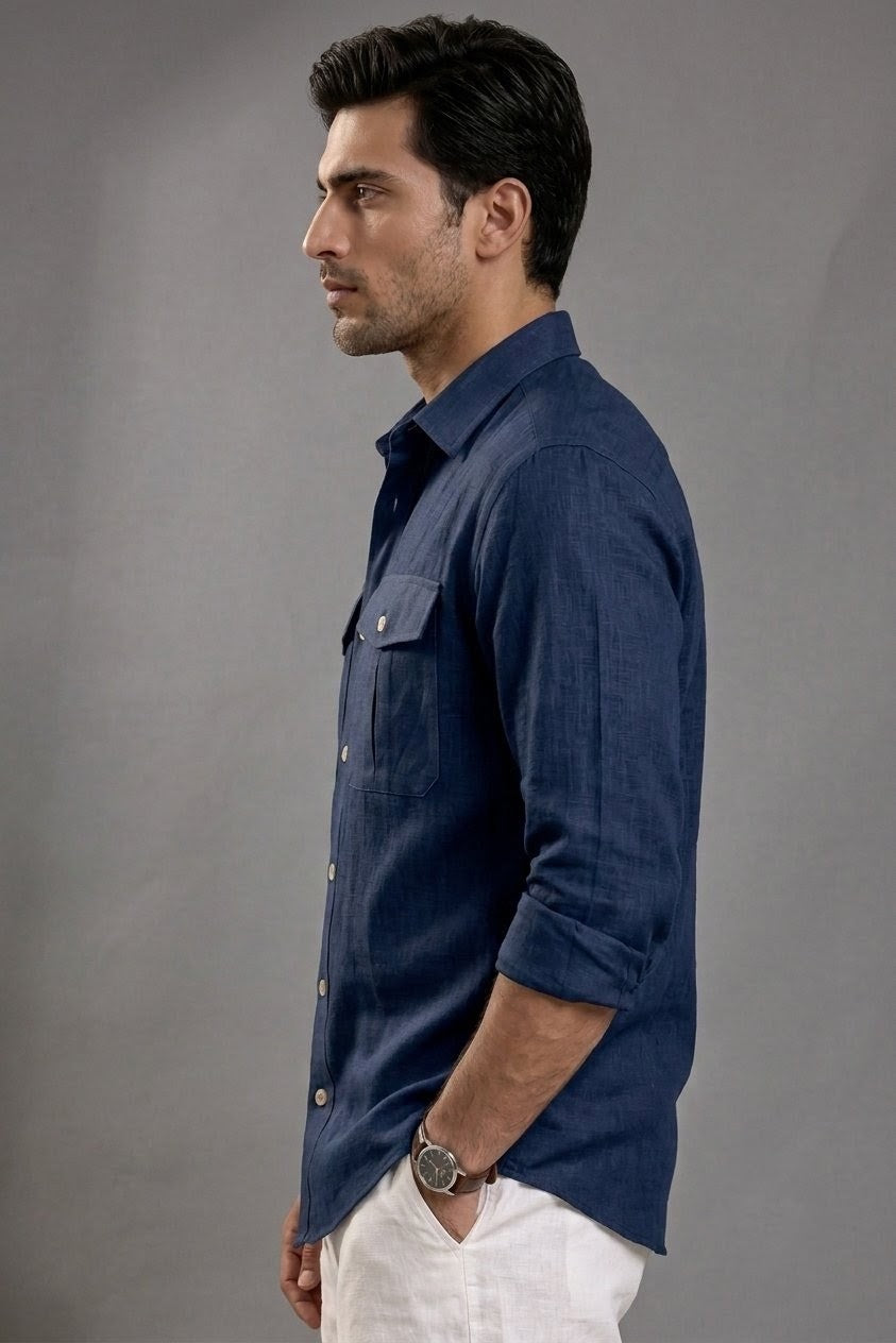 RARE RASU Premium Luxe Linen Shirt With Two Front Utility-Style Pockets (Navy Blue)