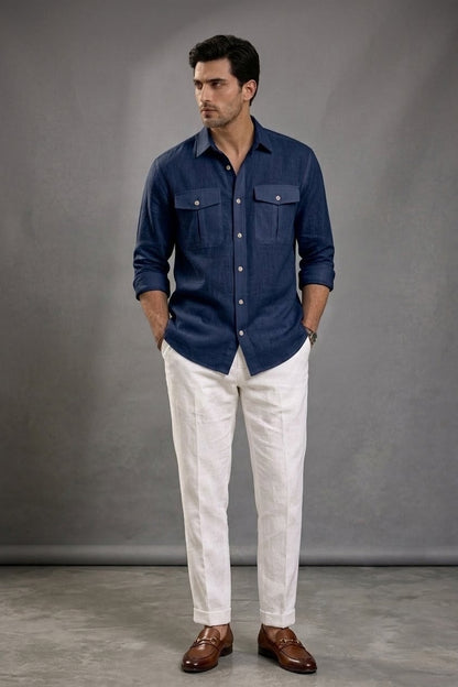 RARE RASU Premium Luxe Linen Shirt With Two Front Utility-Style Pockets (Navy Blue)