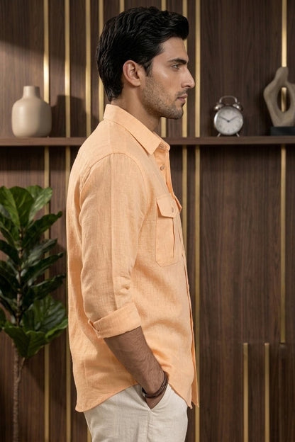 RARE RASU Premium Luxe Linen Shirt With Two Front Utility-Style Pocket. ( Light Orange)