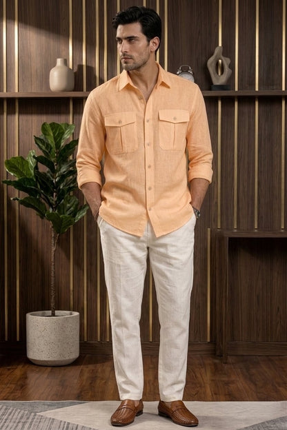 RARE RASU Premium Luxe Linen Shirt With Two Front Utility-Style Pocket. ( Light Orange)