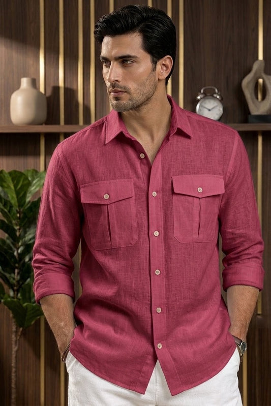 RARE RASU Premium Luxe Linen Shirt With Two Front Utility-Style Pockets (Maroon)