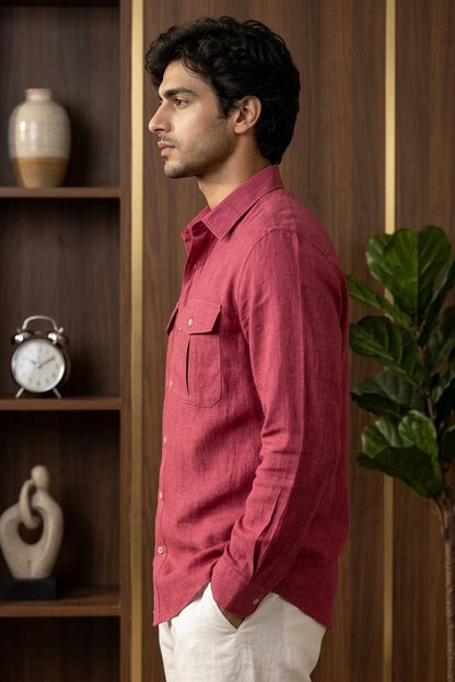 RARE RASU Premium Luxe Linen Shirt With Two Front Utility-Style Pockets (Maroon)