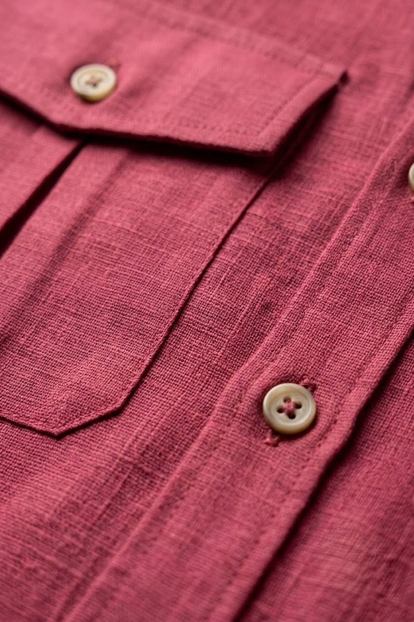 RARE RASU Premium Luxe Linen Shirt With Two Front Utility-Style Pockets (Maroon)