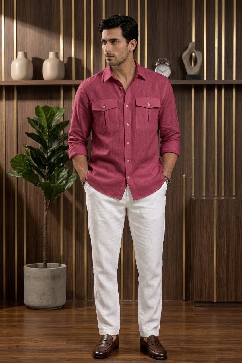 RARE RASU Premium Luxe Linen Shirt With Two Front Utility-Style Pockets (Maroon)