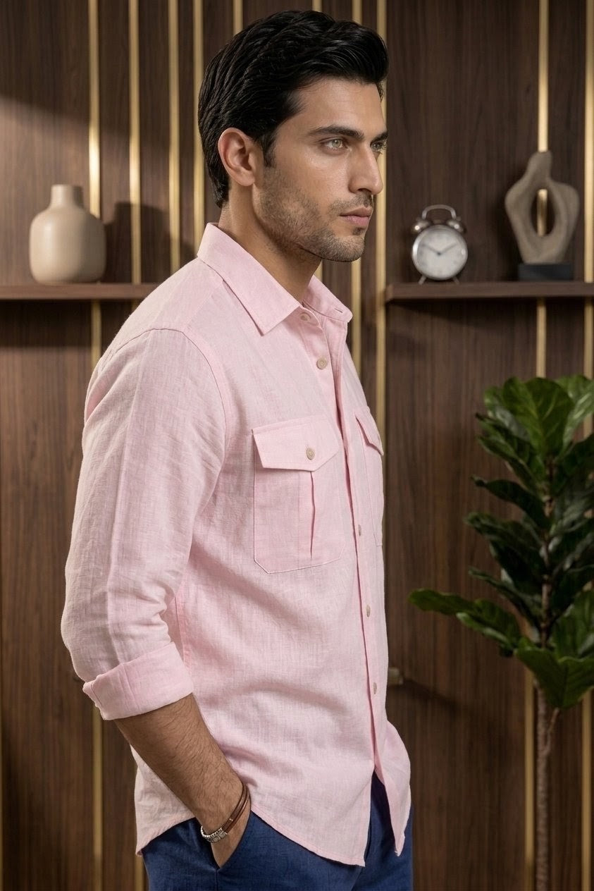 RARE RASU Premium Luxe Linen Shirt With Two Front Utility-Style Pockets (light Pink)