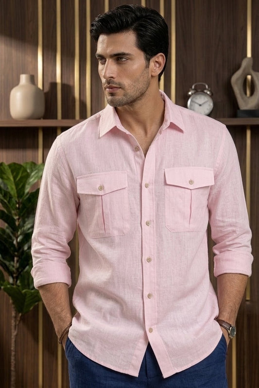 RARE RASU Premium Luxe Linen Shirt With Two Front Utility-Style Pockets (light Pink)