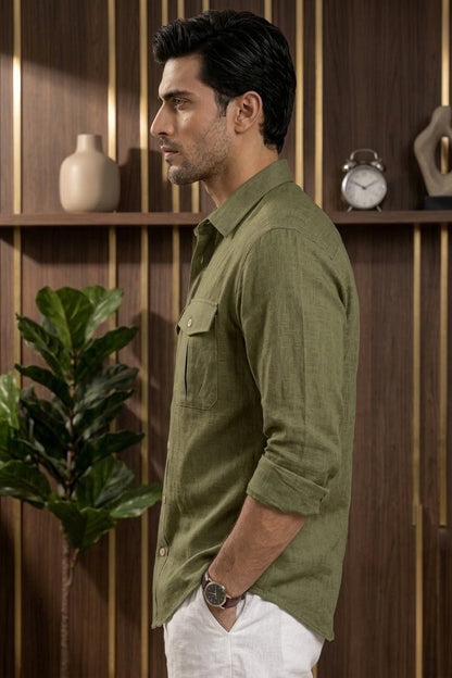 RARE RASU Premium Luxe Linen Shirt With Two Front Utility-Style Pockets (Olive green)