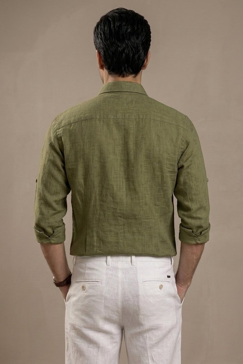 RARE RASU Premium Luxe Linen Shirt With Two Front Utility-Style Pockets (Olive green)