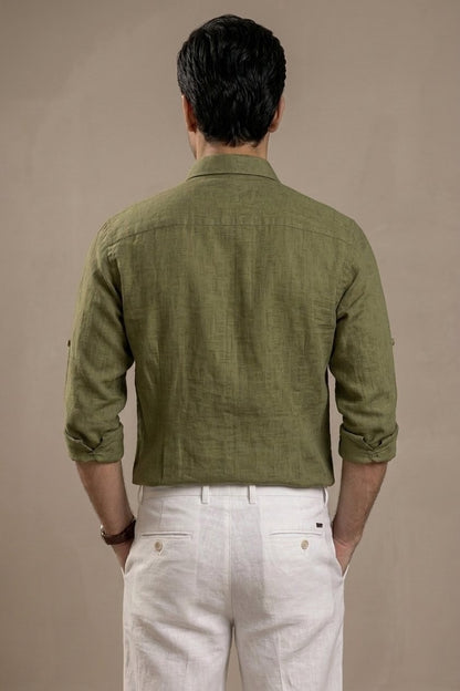 RARE RASU Premium Luxe Linen Shirt With Two Front Utility-Style Pockets (Olive green)