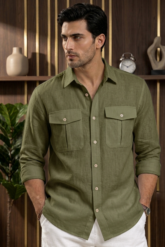 RARE RASU Premium Luxe Linen Shirt With Two Front Utility-Style Pockets (Olive green)