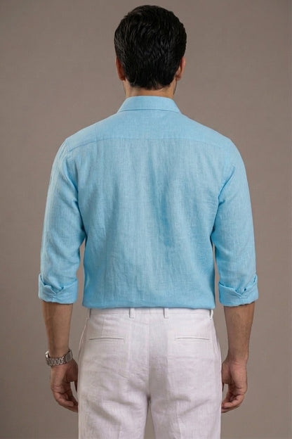 RARE RASU Premium Luxe Linen Shirt With Two Front Utility-Style Pockets (Ice Blue)