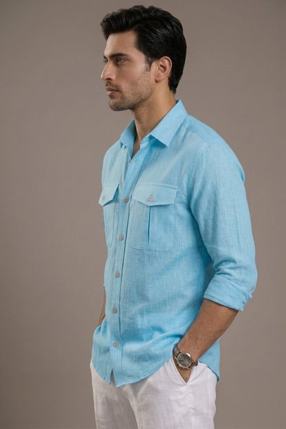 RARE RASU Premium Luxe Linen Shirt With Two Front Utility-Style Pockets (Ice Blue)