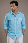 RARE RASU Premium Luxe Linen Shirt With Two Front Utility-Style Pockets (Ice Blue)