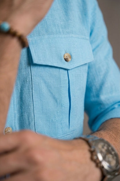 RARE RASU Premium Luxe Linen Shirt With Two Front Utility-Style Pockets (Ice Blue)