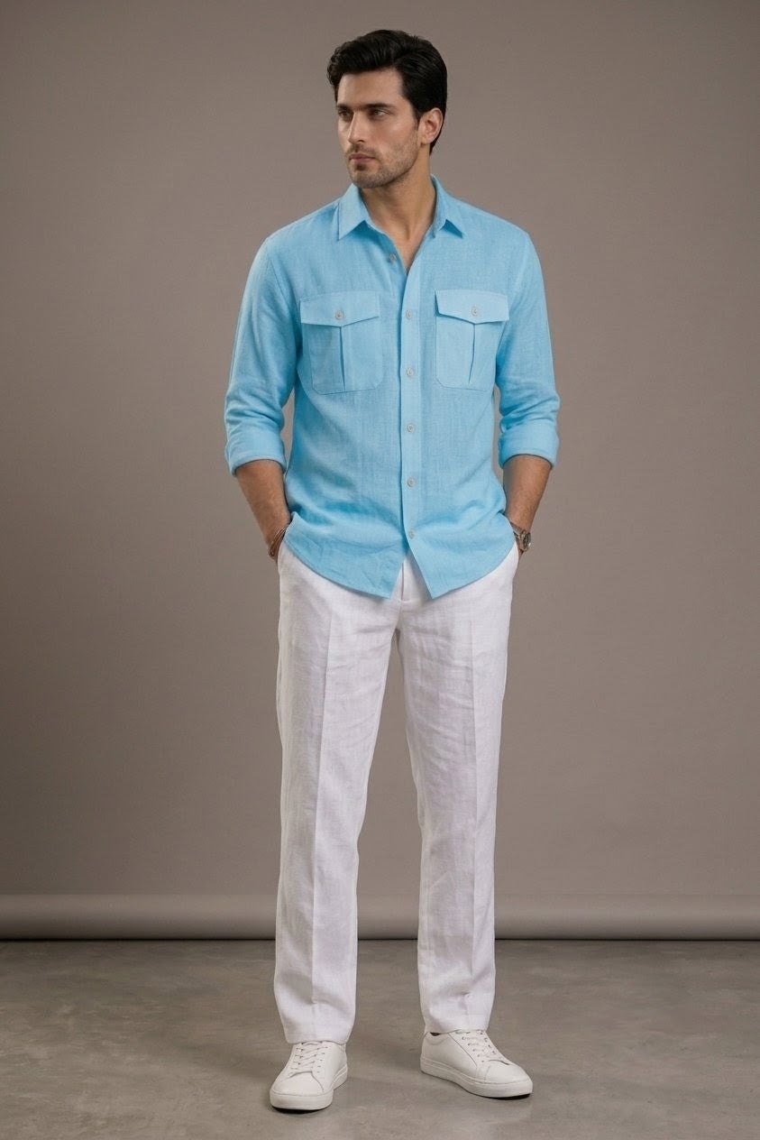 RARE RASU Premium Luxe Linen Shirt With Two Front Utility-Style Pockets (Ice Blue)