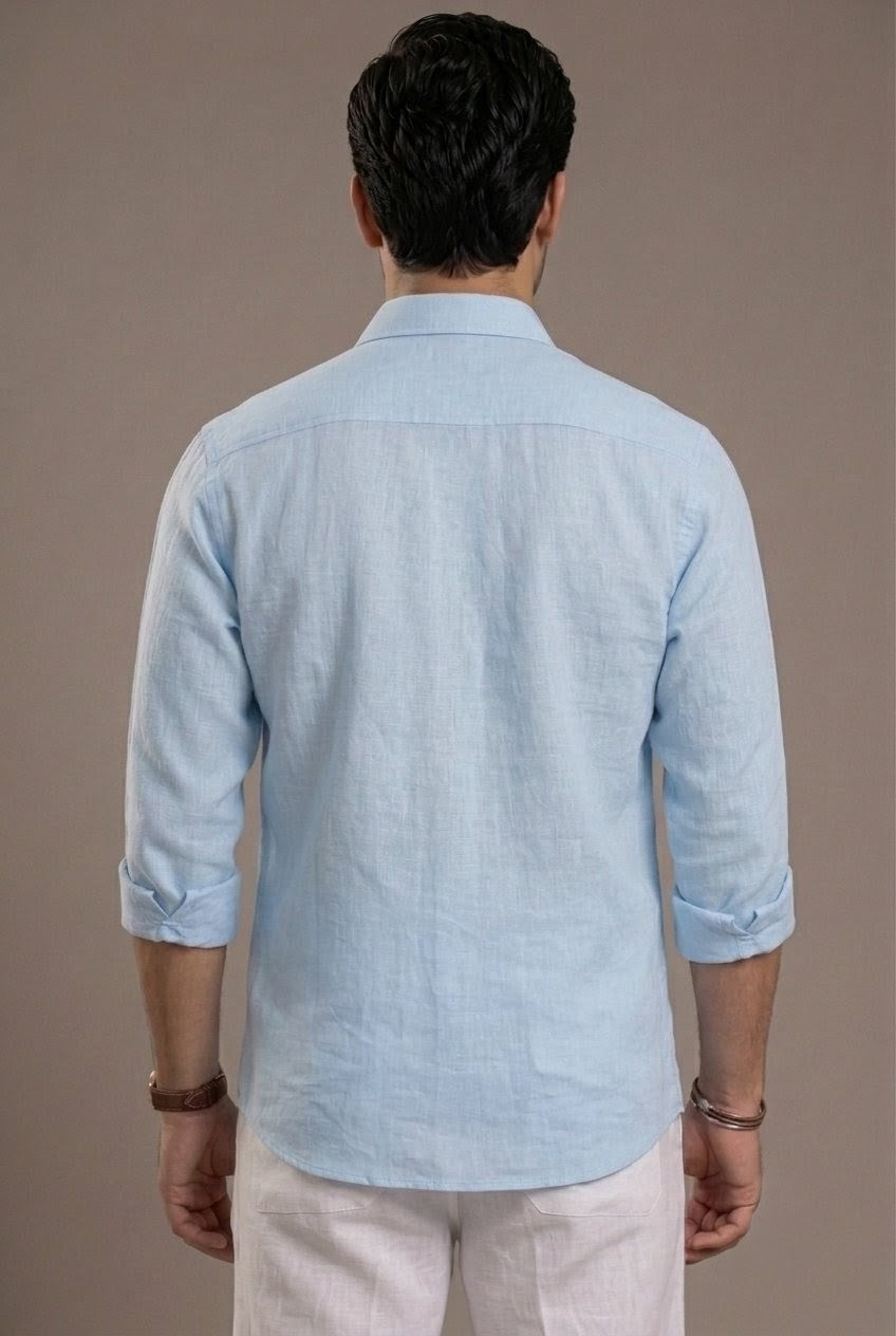 RARE RASU Premium Luxe Linen Shirt With Two Front Utility-Style Pockets (Light Sky Blue )