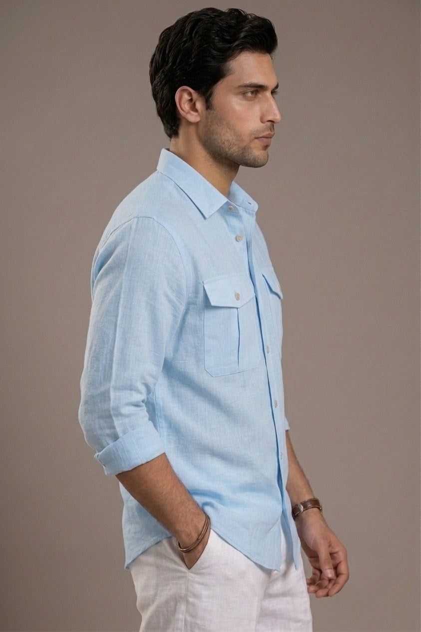RARE RASU Premium Luxe Linen Shirt With Two Front Utility-Style Pockets (Light Sky Blue )