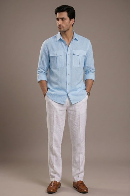 RARE RASU Premium Luxe Linen Shirt With Two Front Utility-Style Pockets (Light Sky Blue )