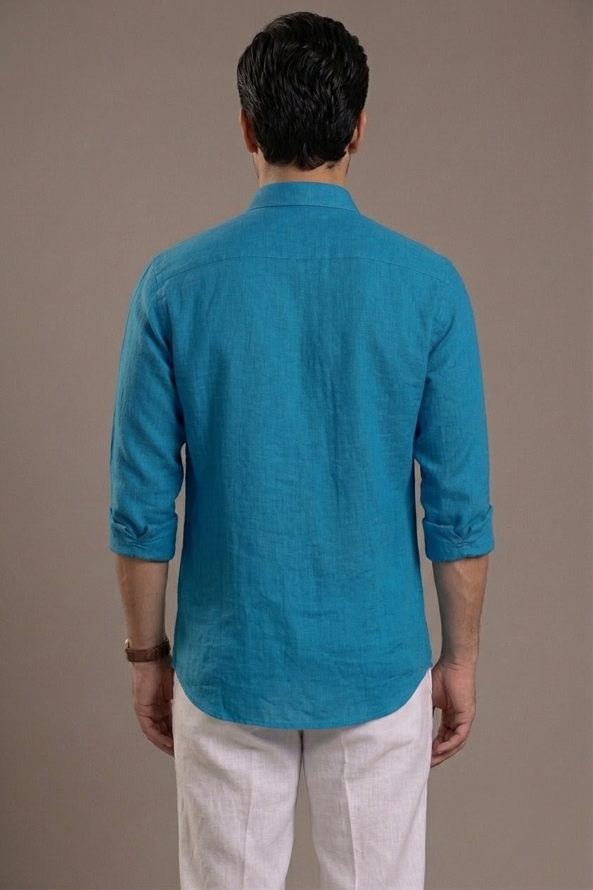 RARE RASU Premium Luxe Linen Shirt With Two Front Utility-Style Pockets (lagoon blue)