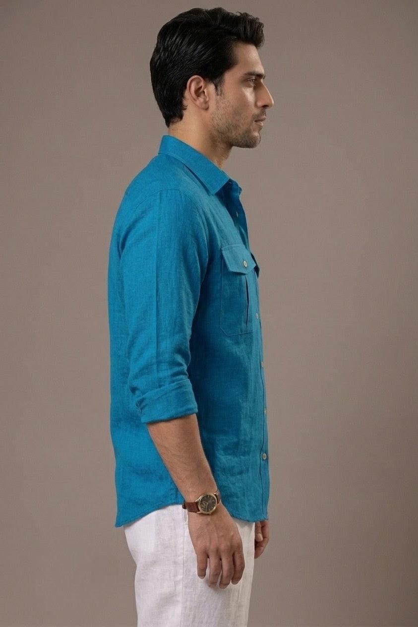 RARE RASU Premium Luxe Linen Shirt With Two Front Utility-Style Pockets (lagoon blue)