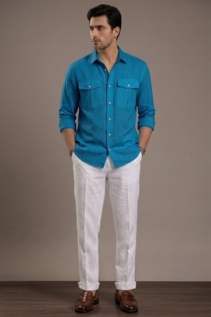 RARE RASU Premium Luxe Linen Shirt With Two Front Utility-Style Pockets (lagoon blue)