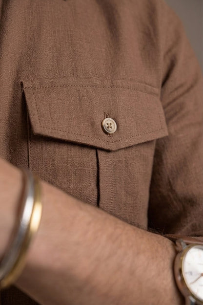RARE RASU Premium Luxe Linen Shirt With Two Front Utility-Style Pockets (Brown)