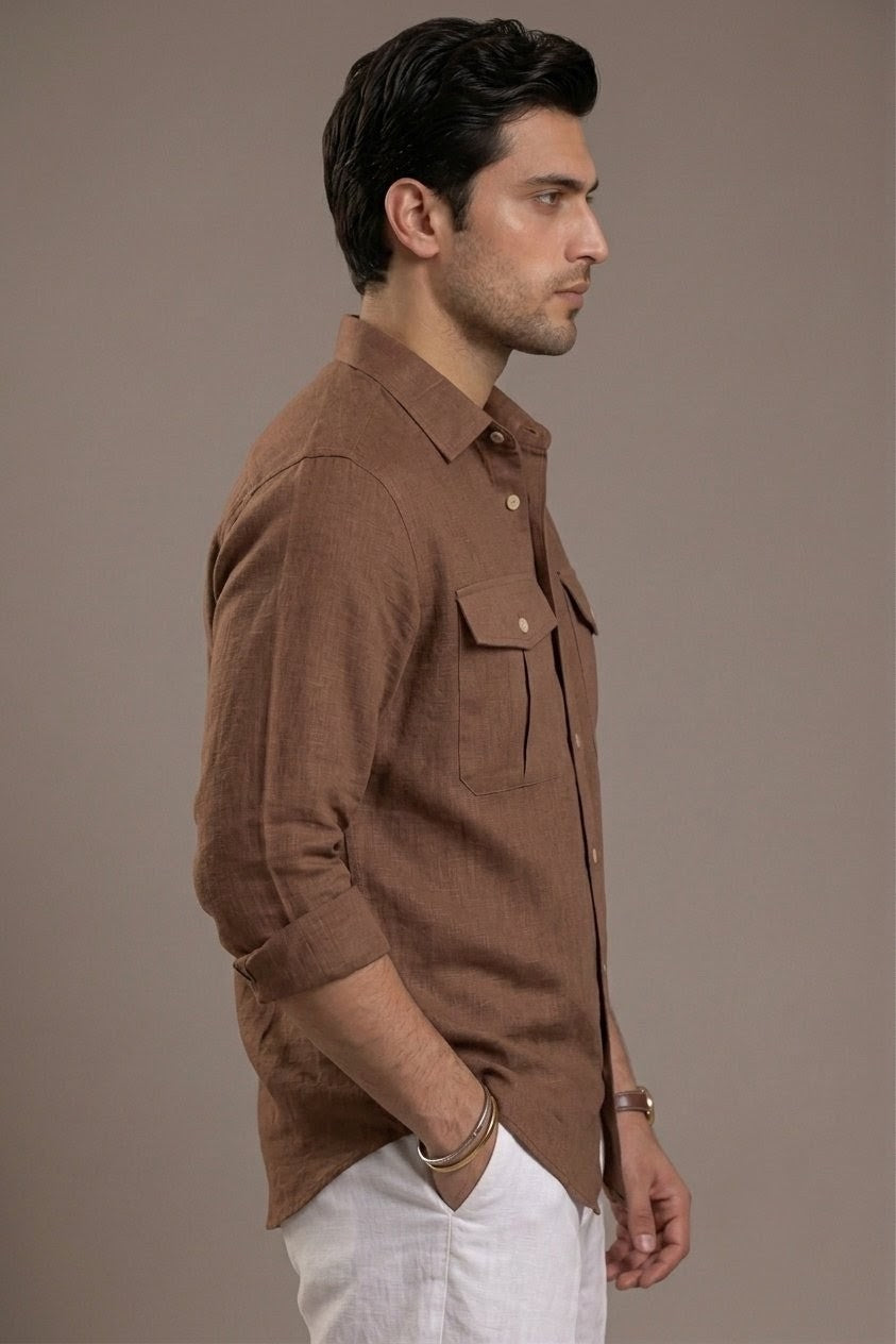 RARE RASU Premium Luxe Linen Shirt With Two Front Utility-Style Pockets (Brown)