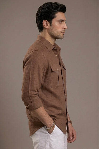 RARE RASU Premium Luxe Linen Shirt With Two Front Utility-Style Pockets (Brown)