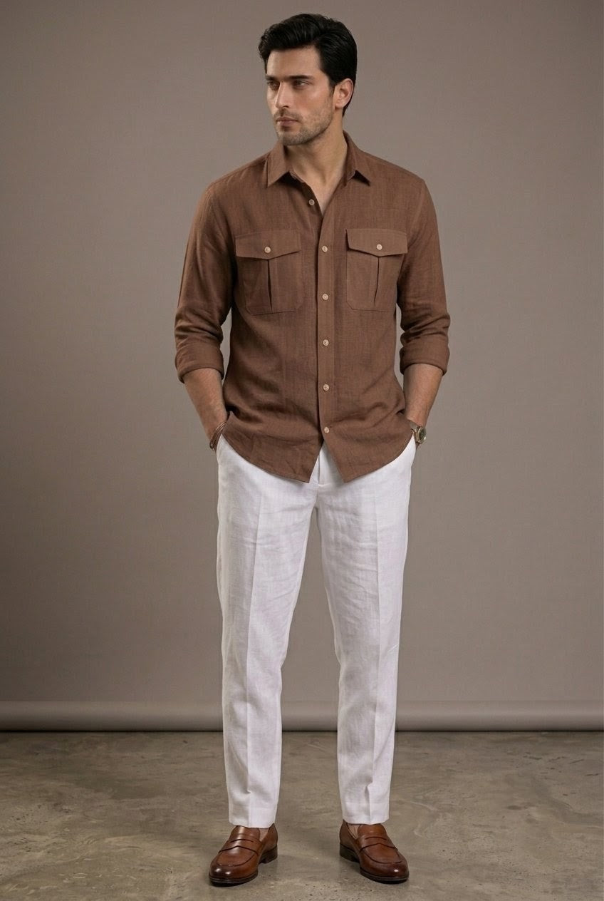 RARE RASU Premium Luxe Linen Shirt With Two Front Utility-Style Pockets (Brown)