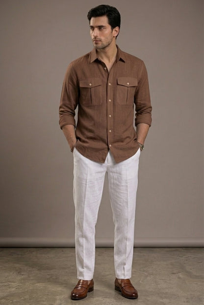 RARE RASU Premium Luxe Linen Shirt With Two Front Utility-Style Pockets (Brown)