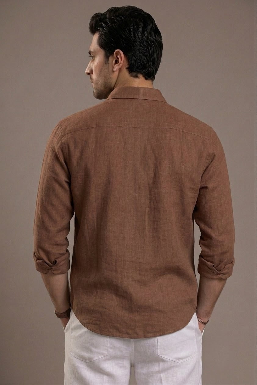 RARE RASU Premium Luxe Linen Shirt With Two Front Utility-Style Pockets (Brown)