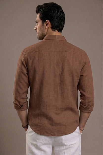 RARE RASU Premium Luxe Linen Shirt With Two Front Utility-Style Pockets (Brown)