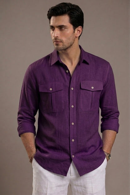 RARE RASU Premium Luxe Linen Shirt With Two Front Utility-Style Pockets (Purple)